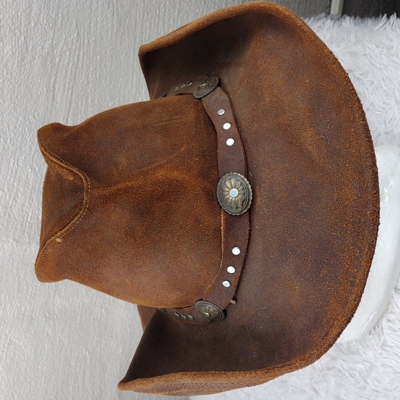Minnetonka Unisex Silverton Dude Brown Ruff Genuine Leather Studded Western Hat - Picture 3 of 14
